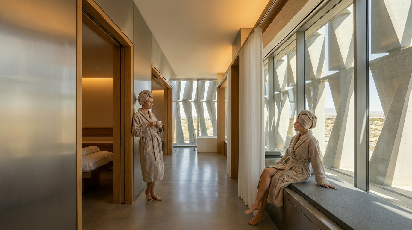 FIRA wellness corridor — pleated facade casting desert light across the treatment suites.
